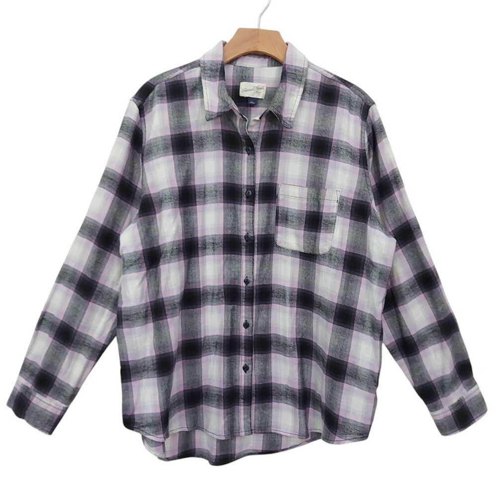 Universal Thread Shirt Womens Large Gray Pink Plaid Flannel Cotton Soft Preppy